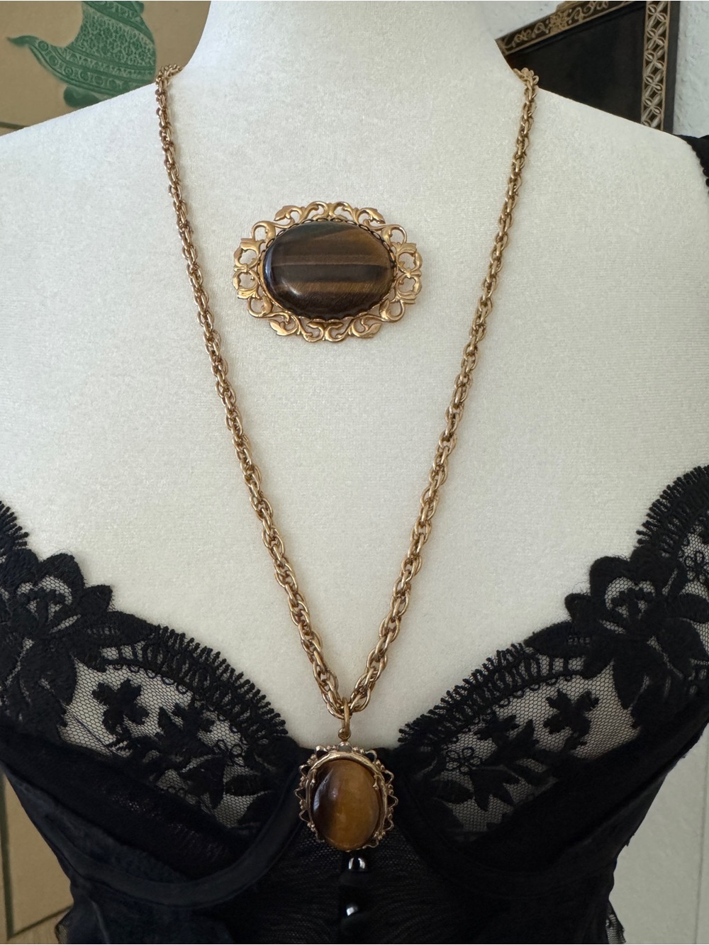 Vintage Tiger's Eye Pendant Necklace and Brooch Set Gold Tone Filigree Boho